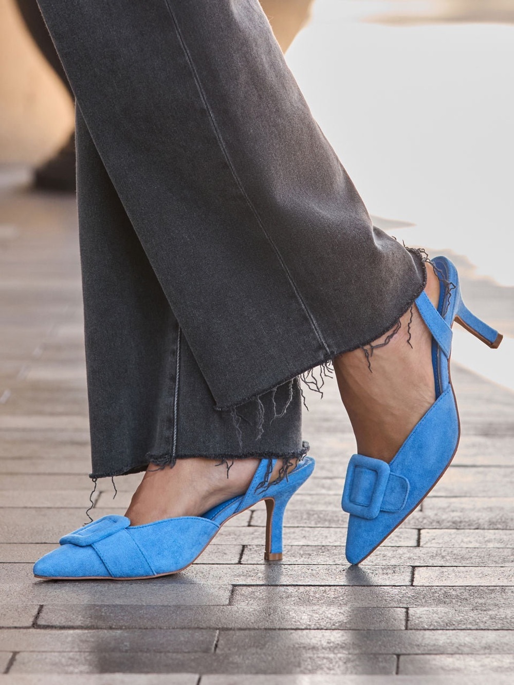 Vici Blue Suede Pointed Slingback Heels with Buckle